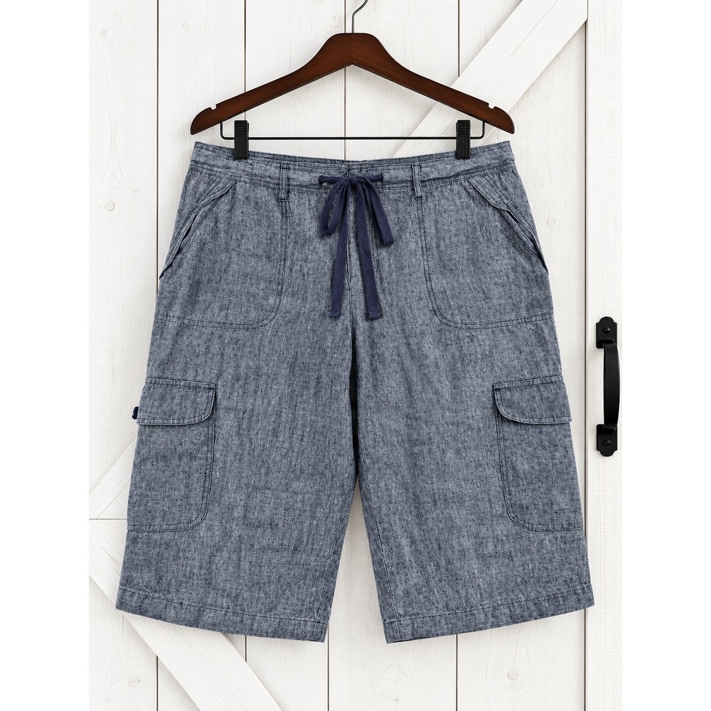 Lafayette 148 New York Linen Cargo Shorts 12 Blue Bermuda Drawstring Knee Length